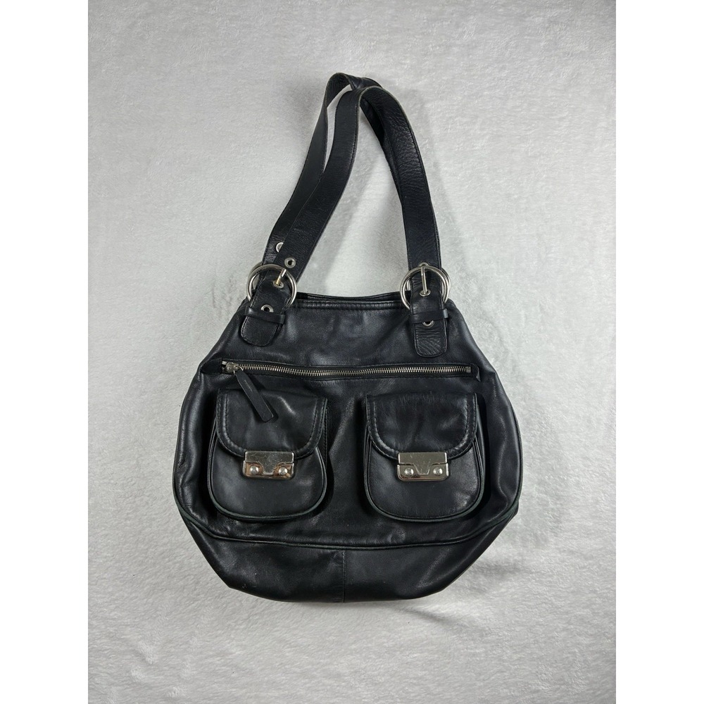 DESMO Black Leather Multi Pocket Shoulder Bag Zip Closure Zipper Accent Y2K